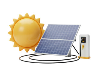 Isolated cartoon electric vehicle charging station from solar panels and sunny day