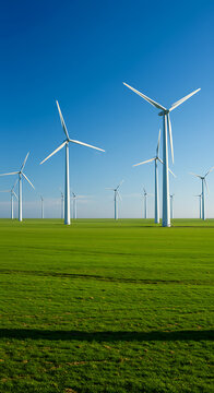 Expansive green field with multiple wind turbines under a clear blue sky