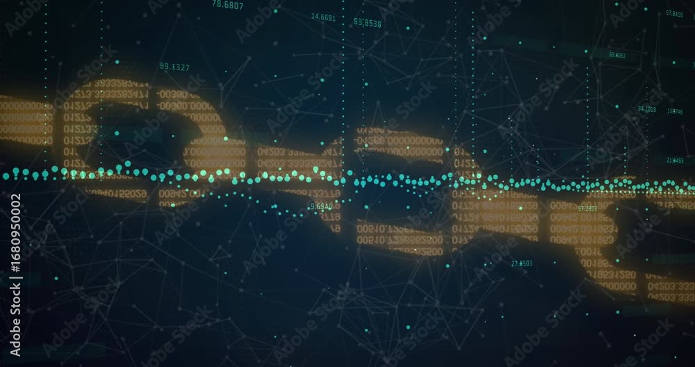 Poster animation of financial graphs and block chain on black background