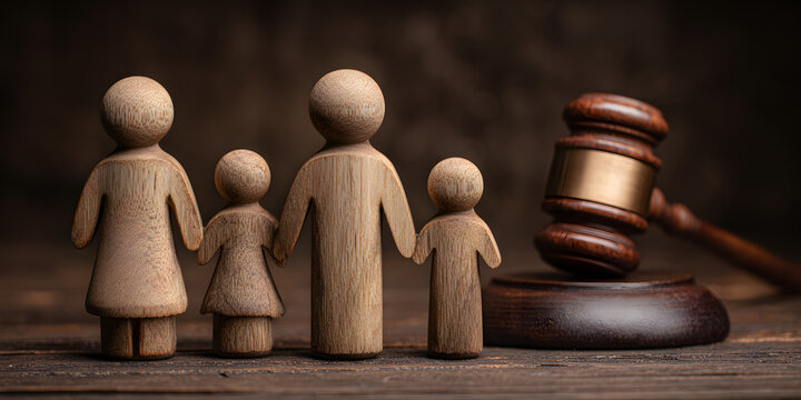 Wooden family figures besie a gavel, symbolizing famly law, justice, and legaldecisions regarding child ustody and parental rights, Generative AI