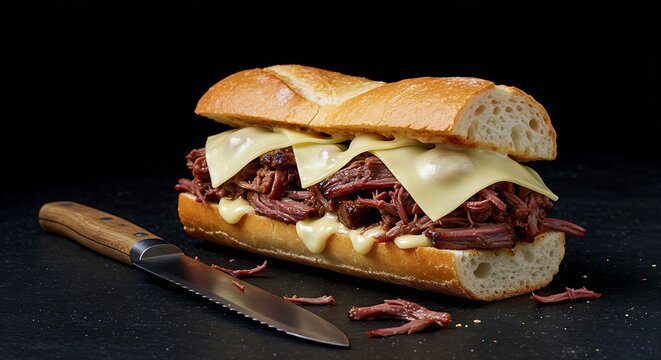 a slow-cooked pulled beef sandwich, with a generous pile of tender meat and melted cheese on a rustic baguette. A knife is nearby on a dark surface.