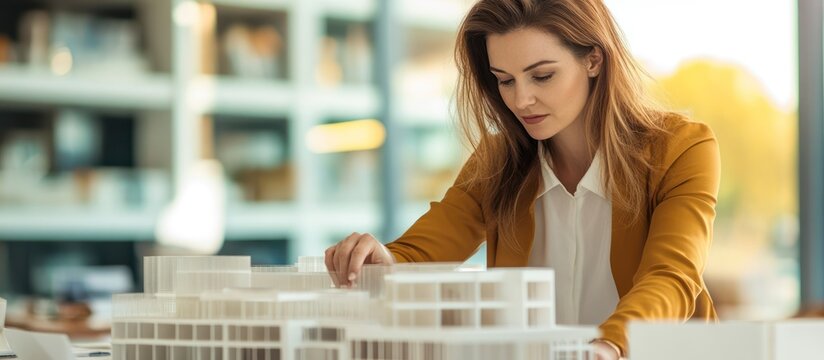 Focused woman architect examining building model