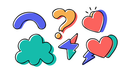 Playful doodle icons with bold outlines shapes hearts