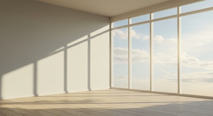 Sun-Drenched Minimalist Room with Geometric Shadows and Sky View