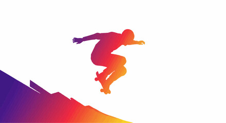 Skateboarder jumping in colorful silhouette on gradient background  