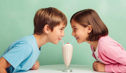  A cute young boy and girl happily share a strawberry milkshake with two straws, a sweet and innocent moment of childhood friendship or a first crush.