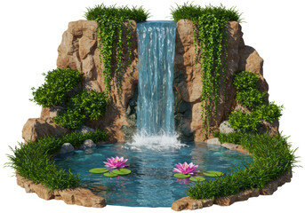Isolated cascading rock waterfall feature with pond and pink water lilies blossoms