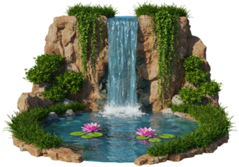 Isolated cascading rock waterfall feature with pond and pink water lilies blossoms