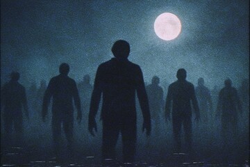 Horde of Zombies in Spooky Halloween Night, 90's Horror Movie Style