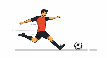 Obraz premium Soccer player kicking ball in motion wearing red and black jersey 