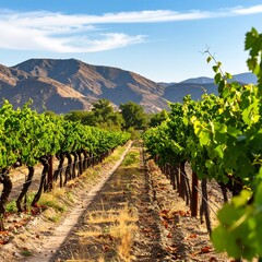 A scenic vineyard pathway winds through lush green vines, stretching towards a backdrop of golden hills under a vibrant blue sky.