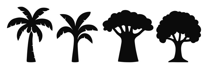 tropical and savanna trees silhouette icons &ndash; palm, coconut, baobab, broadleaf