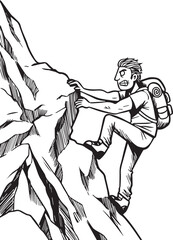 Cartoon man with backpack struggling to climb a jagged rock face climbing mountain