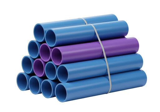 Isolated bundle of violet and blue PVC pipes tied together with a gray rubber band material