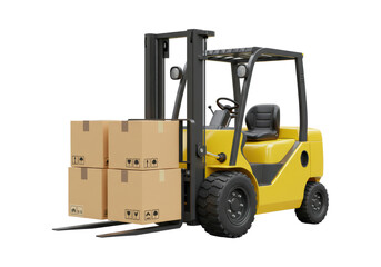 Isolated Yellow Forklift Truck Carrying Four Cardboard Boxes, Heavy Lifting Equipment, Shipping Supply
