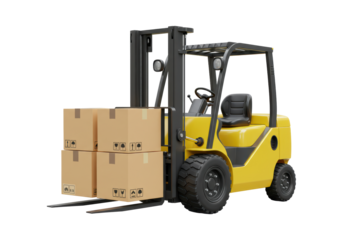 Isolated Yellow Forklift Truck Carrying Four Cardboard Boxes, Heavy Lifting Equipment, Shipping Supply