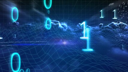 Animation of binary code and data processing over clouds in digital space