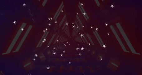 Star icons over glowing neon tunnel in seamless pattern on purple background with copy space