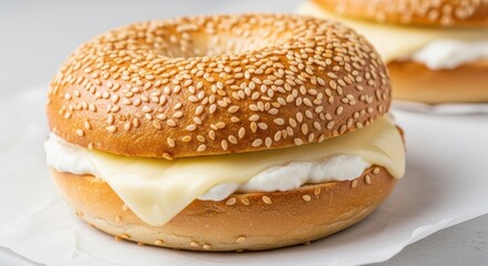 Sesame seed bagel with cream cheese and melted cheese
