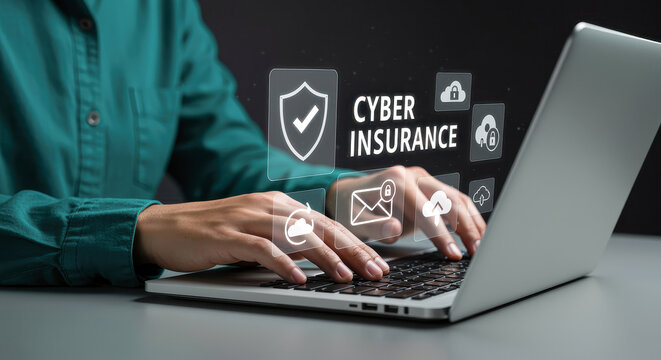 Person using laptop with cyber insurance and security icons hologram protection data