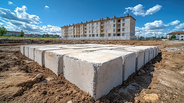 Concrete foundation blocks, construction site, apartment building background, sunny day