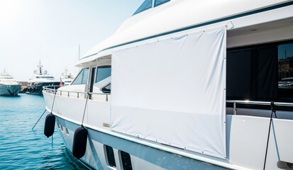 A large, blank white screen or canvas on the side of a luxury yacht, offering a unique mockup for advertising at a marina or on the water.