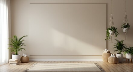 Sunlit Japandi Interior with Blank Mockup Wall Framed by Lush Greenery and Natural Decor