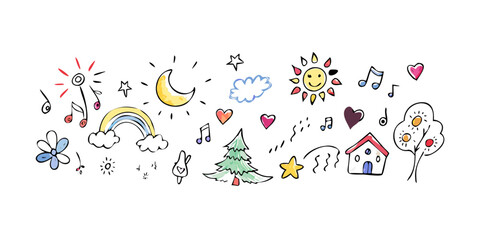 Whimsical doodle elements with sun moon and rainbow