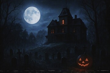 Old scary mansion standing on a hill surrounded by a forest, graveyard around the house, spooky Halloween Night, 90's horror movie style