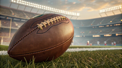 A brown leather American football with distinct texture and lacing. The ball is set against a stadium backdrop with blurred details of the spectator stands.