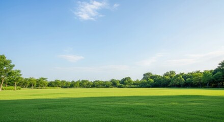 Vast green meadow under a clear blue sky with scattered clouds
