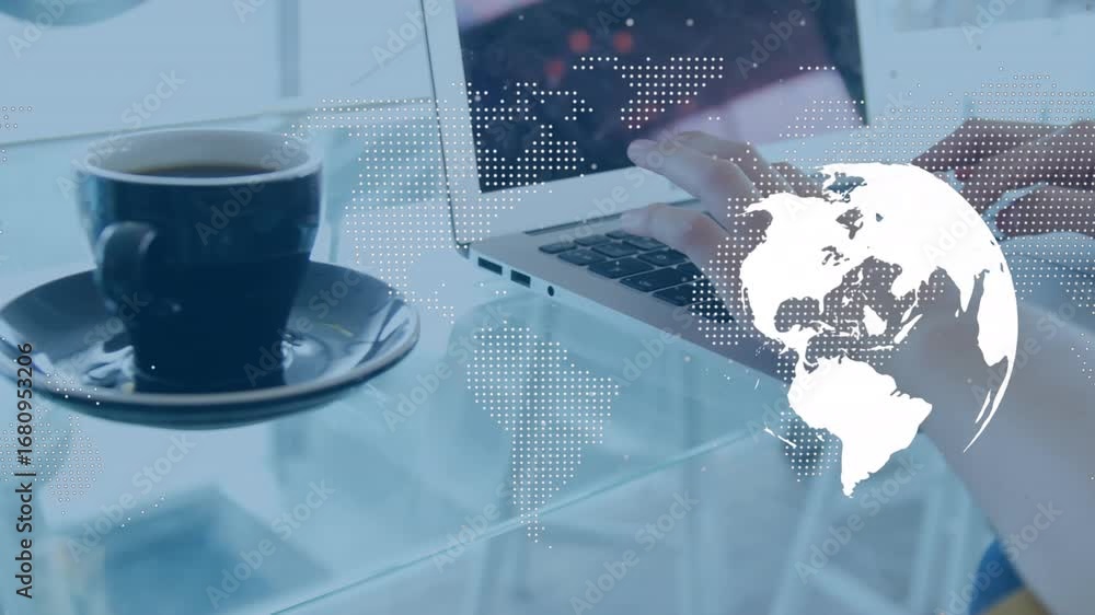 Poster Spinning globe and world map with data processing over close up of a person using laptop