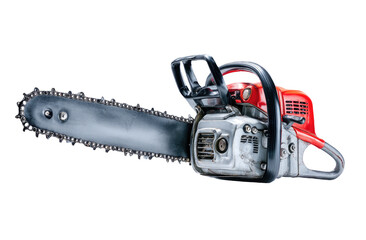 Close-up of a chainsaw, angled, with a sharp chain