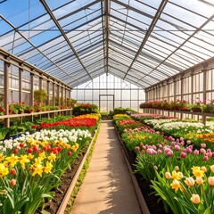 A spacious greenhouse displays a vibrant array of colorful tulips, daffodils, and other blooming flowers, arranged in meticulously planned rows, bathed in the warm sunlight filtering through the...