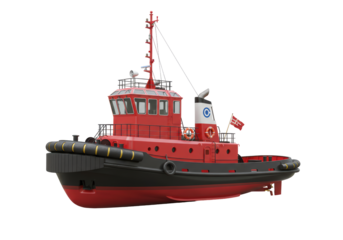 Isolated red and black tugboat, harbor vessel or marine service ship against blank canvas