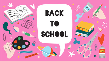 Back to school poster with books, art supplies, stationery and learning elements. Trendy modern vector illustration on pink background, hand drawn, flat design