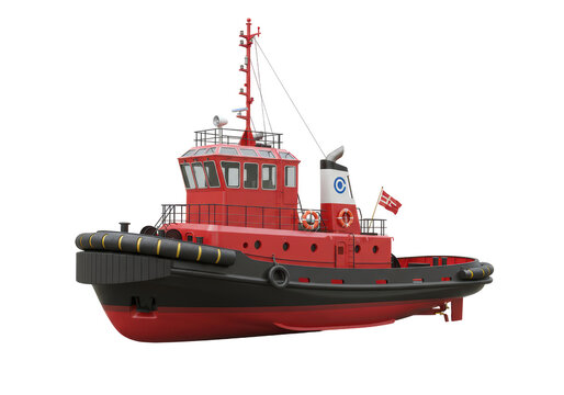 Isolated red and black tugboat, harbor vessel or marine service ship against blank canvas