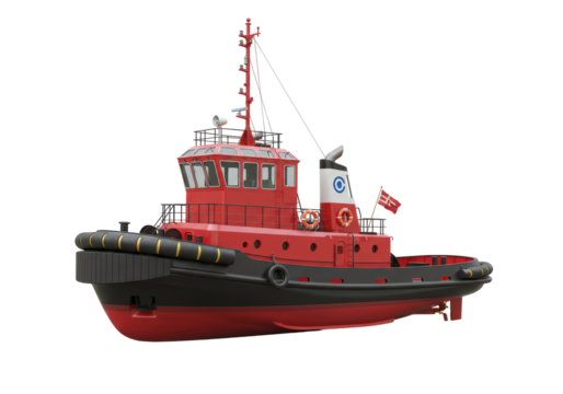 Isolated red and black tugboat, harbor vessel or marine service ship against blank canvas