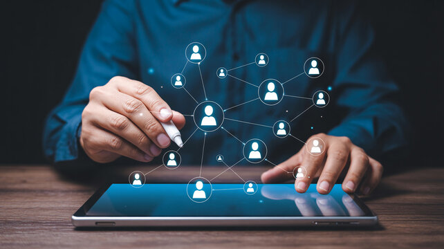 Social network connection concept connecting people on digital tablet technology 100 character