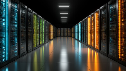 Data center corridor with illuminated servers in technology environment  
