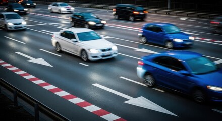 Cars driving on a wet highway at night with motion blur