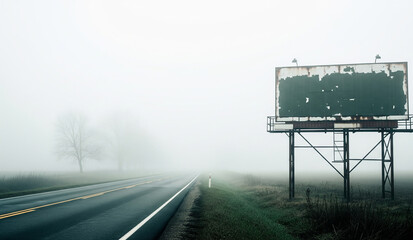 A blank, empty billboard stands on the side of a highway on a foggy, moody day, offering a perfect mockup for roadside advertising.