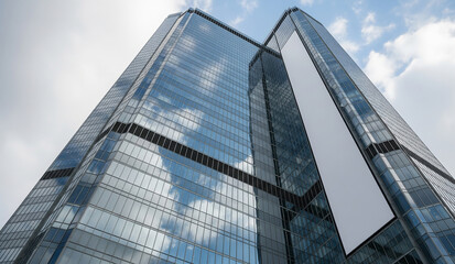  A low-angle shot of a modern, glass skyscraper reflecting the blue sky and clouds, with a large, blank white banner for advertising or a corporate logo.