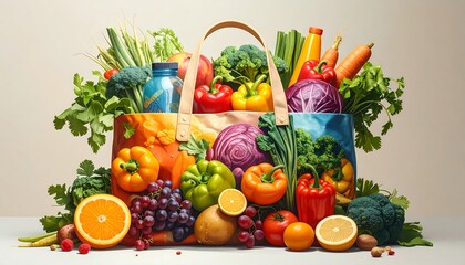 A vibrant display of fresh produce overflowing from a colorful tote bag, showcasing a variety of fruits and vegetables.