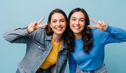 Two happy, smiling best friends, young women, pose together making peace signs, a joyful and positive portrait of friendship.