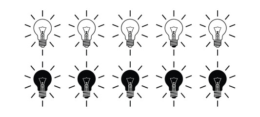Ten Light Bulb Icons In Two Rows With Sunbursts On White Background idea innovation