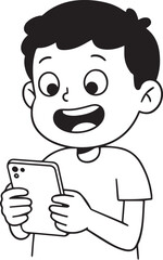Excited young boy holding a smartphone and looking at it with a wide open mouth child happy