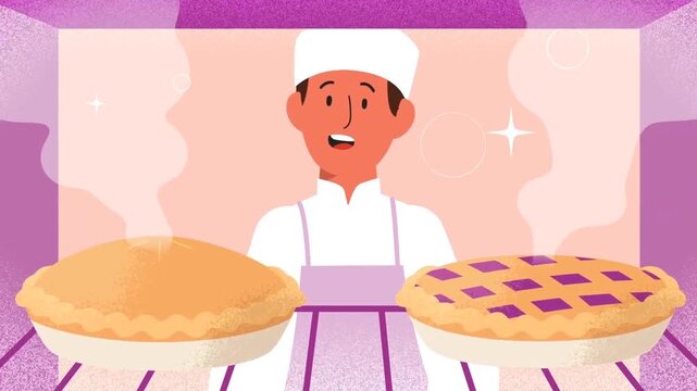 Bakery chef animation with bread and pies in flat cartoon cooking and food lifestyle concept