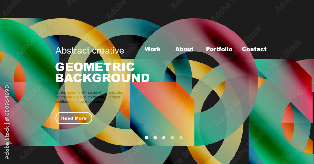 Poster bright abstract geometric background features overlapping colorful circles. website header includes 