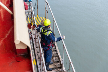 A deckhand prepares the pilot ladder as the ship readies for port entry. Secured in a safety harness, he carefully ensures the setup is ready, focusing on the task in a high-risk environment. 